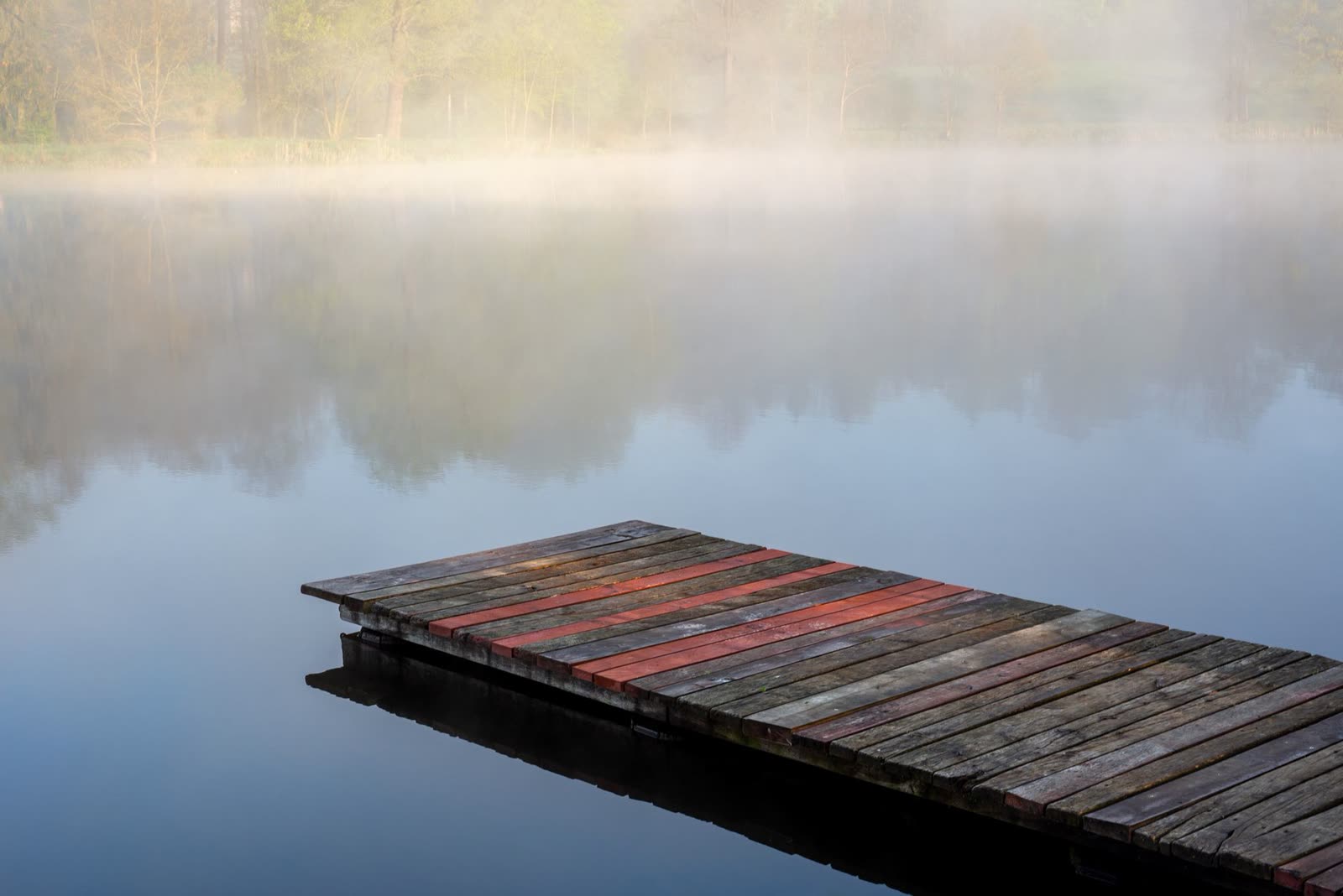 Wooden dock in the morning fog