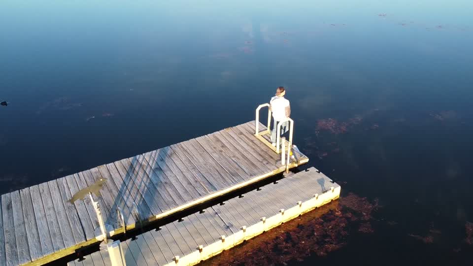 Aerial view of a finished floating dock on Lake Anna